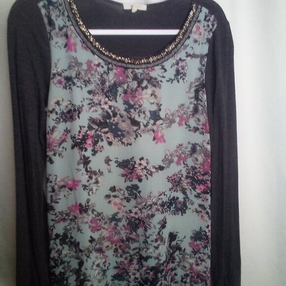 Maurices Blouse Women S Long Sleeve Beading Floral Blue Gray - Picture 13 of 15